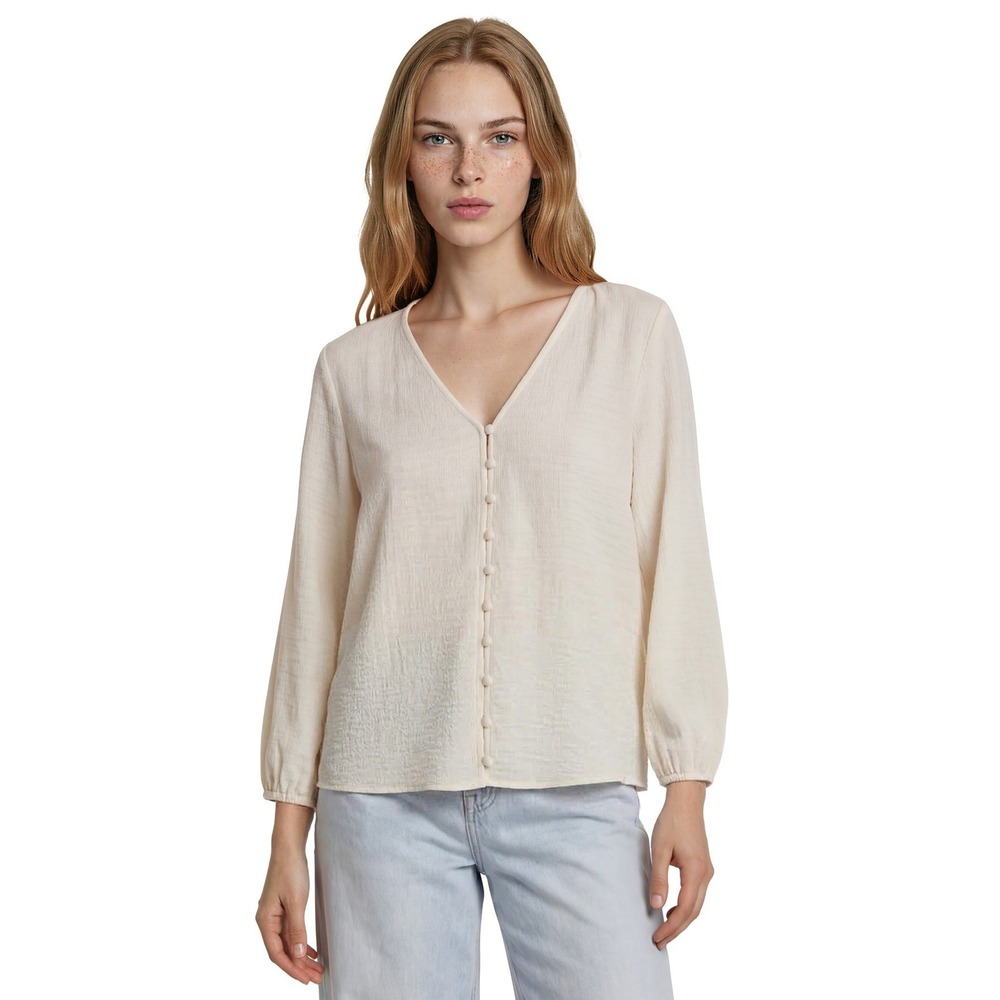 Madewell Blouse Women's Size XS Cream V Neck Textured Long Sleeve Button Front